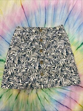 LOFT Navy and White Leaf-Print A-Line Skirt